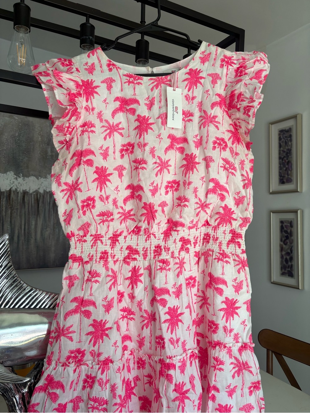 NWT Vineyard Vines 100% Linen Palm & Plumeria Smocked Dress White & Pink - L